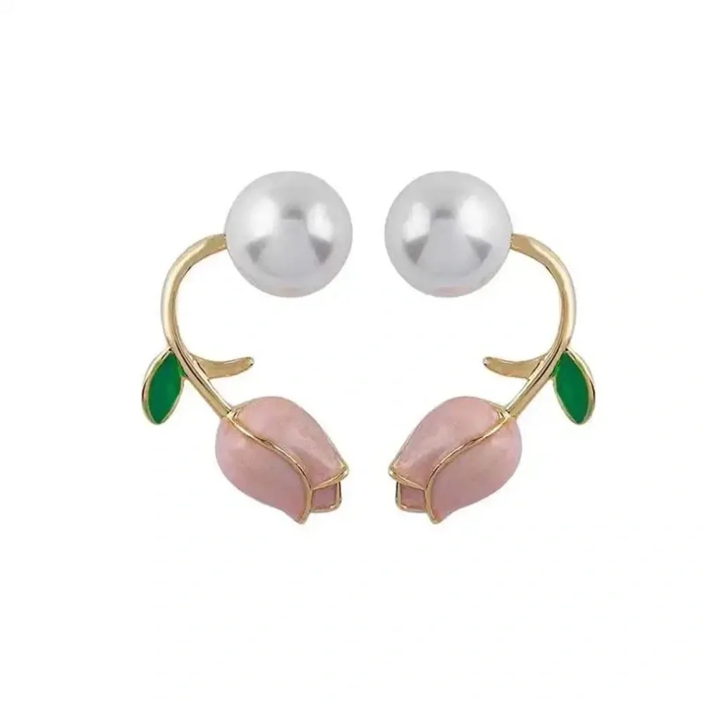 New* Pink Tulip Flower Pearl Stud Earrings - Picture 4 of 4